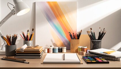 creative scene representing art and design, featuring paintbrushes, pencils