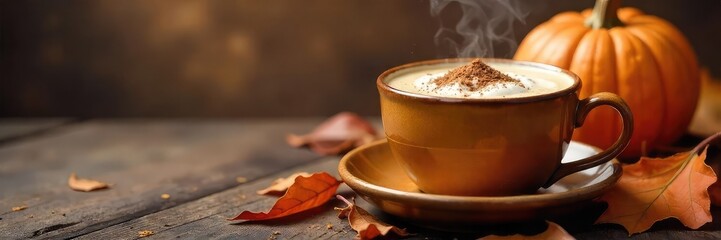 A steaming mug of pumpkin spice latte sits beside a bowl of pumpkin puree and autumn leaves, creating a cozy fall scene , yellow, seasonal drink, holiday