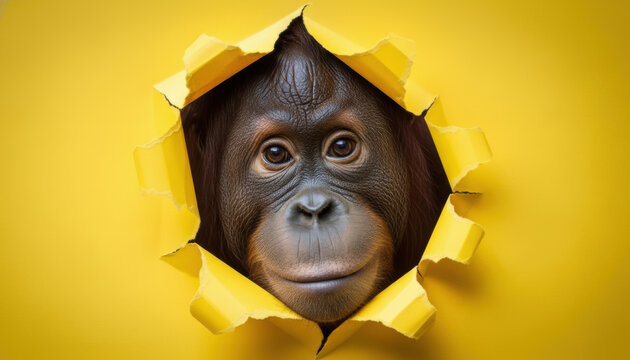 Orangutan peeking through torn yellow paper, creating a playful, curious, and cute animal portrait concept with vibrant background.