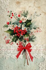 A vintage, high-quality illustration resembling a 1950s Christmas card, featuring a decorative arrangement of holly, pine branches, and red berries, tied with a festive red ribbon