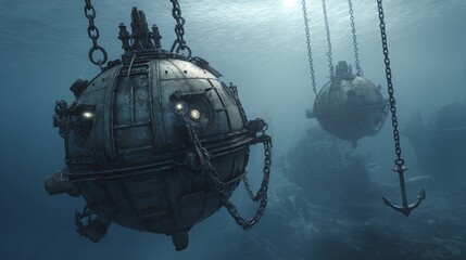 Concept of old underwater contact mines and anchor.