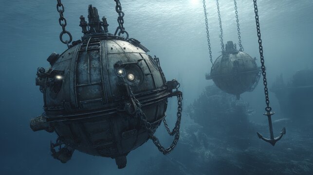 Concept of old underwater contact mines and anchor.