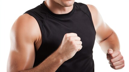 Athletic man in black sleeveless top, muscular arms, running pose, against white background, close-up, isolated