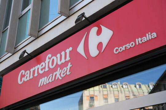 Milan,Italy-Sep.29th 2025: Carrefour market brand logo on store 