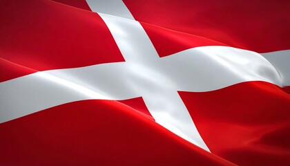 Waving national flag, red background with a white Nordic cross, appears illuminated by sunlight, smooth folds