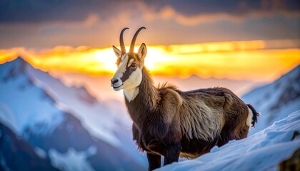 A wild chamois stands proud atop a snowy mountain during a vibrant sunset