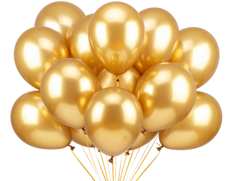  Elegant Golden Balloon Bouquet with Satin Ribbons and Soft Highlights, Party Decoration, Transparent Background