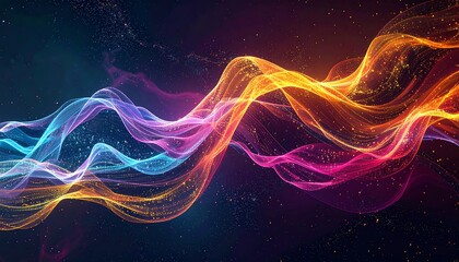 Abstract, flowing wave of light. Colorful and smooth gradients in pink, yellow, blue and orange against dark backdrop