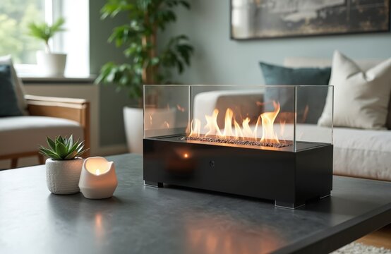 Modern bio ethanol fireplace on table creates warm ambience. Features glass enclosure, flames, and stone base. Ideal for indoor cozy home decor and contemporary living spaces.