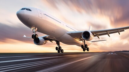 Airplane taking off, commercial jet with motion blur, during sunset at airport runway, copy space