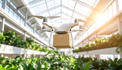 Drone Delivering Package in Greenhouse  Delivery Service Concept.