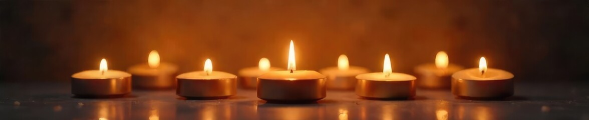 A warm and inviting scene featuring several candles burning brightly, casting a soft, flickering candlelight glow Perfect for relaxation, spa, or home decor themes , details, atmosphere, aromatherapy