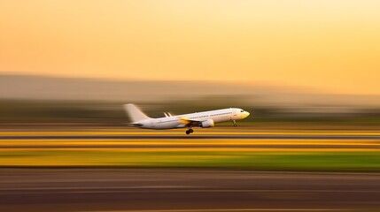 Airplane taking off, commercial jet with motion blur, during sunset at airport runway, copy space