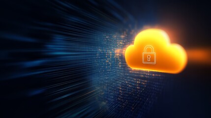 Secure cloud computing concept with digital lock symbolizing data protection and privacy.