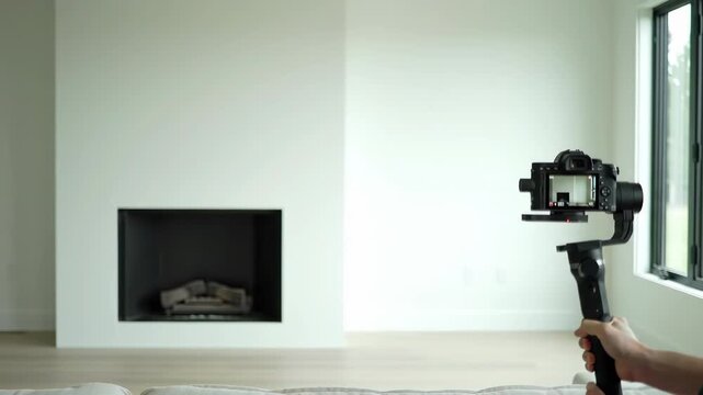 A hand holds a camera stabilizer in front of a modern fireplace and window with bright white walls