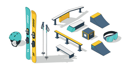 Isometric winter sports equipment and park features for snowboarding and skiing
