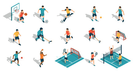 Diverse sports activities in isometric style featuring basketball, soccer, hockey, tennis, and volleyball