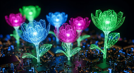 Vibrant digital plants growing from computer motherboard symbolizing new technology