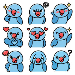 A set of cute anime parrots illustrations doing different activities with different expressions.Stickers or badges. 	Rose-ringed Parakeet