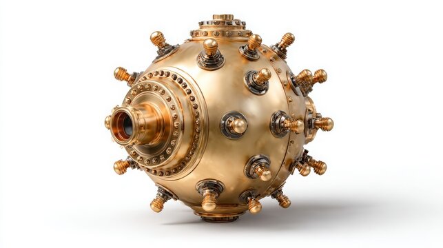 Golden naval mine, isolated 3D rendering on white.