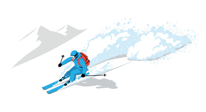 Dynamic skiing adventure in the snowy mountains with minimalist design