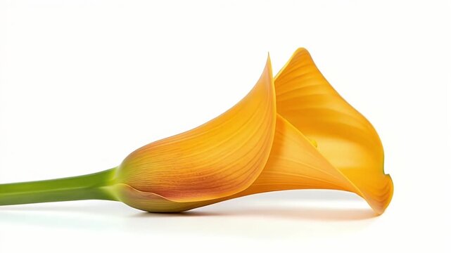 A vibrant, solitary orange-yellow calla lily gracefully rests against a pristine white background. The elegant bloom, with its distinct sculptural form and rich, warm hues, is captured in a pristine s