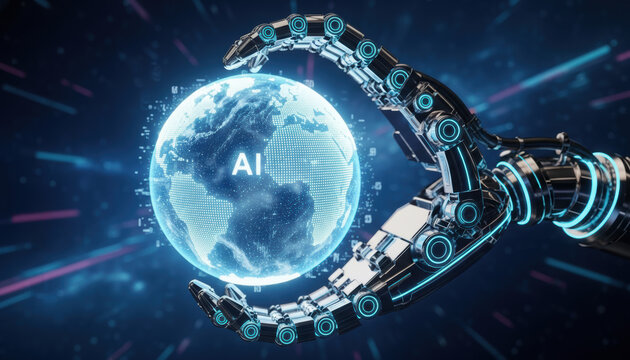 Robot hand holding a glowing digital Earth with AI. Concept for future global technology, artificial intelligence, innovation, and science data network connection.