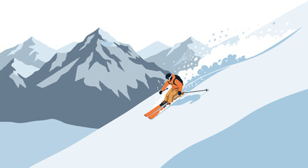 Dynamic winter adventure skier descending snowy mountain slope in minimalist style