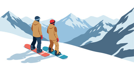 Snowboarders enjoying mountain adventure in flat design winter landscape