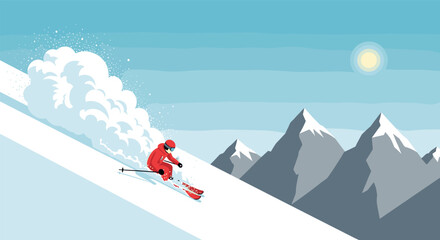 Winter sports adventure minimalist skiing down snowy mountain slopes in bright sun