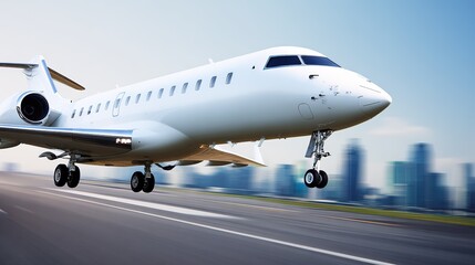 Private jet taking off, luxury aircraft with motion blur, at city airport runway, front view, copy space