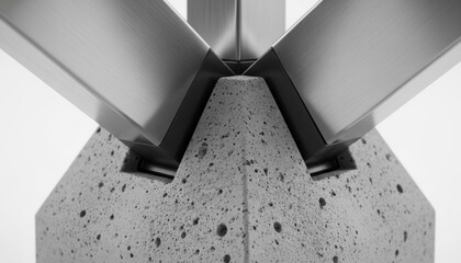 Abstract architectural detail of a modern industrial structure, showcasing the engineering and strength of a metal and concrete connection, a minimalist geometric design.