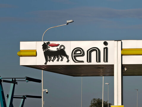 Milan,Italy-Sep.29th 2025: eni gas station brand logo