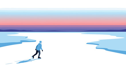 Obraz premium Lone walker on a frozen lake at sunset against a vibrant winter horizon