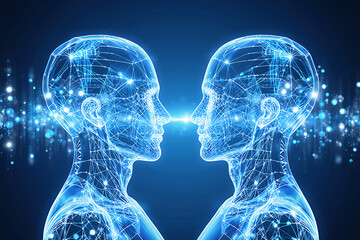 Digital connection between two glowing human minds, symbolizing AI and future technology.