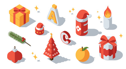 Isometric holiday icons featuring christmas decorations and gifts