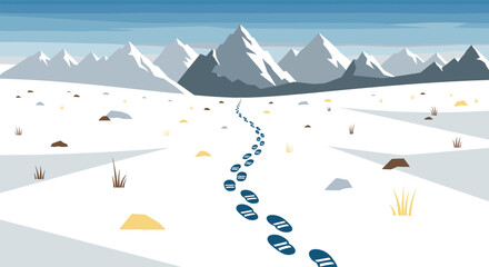 Footprints leading through snowy mountain landscape under clear blue sky