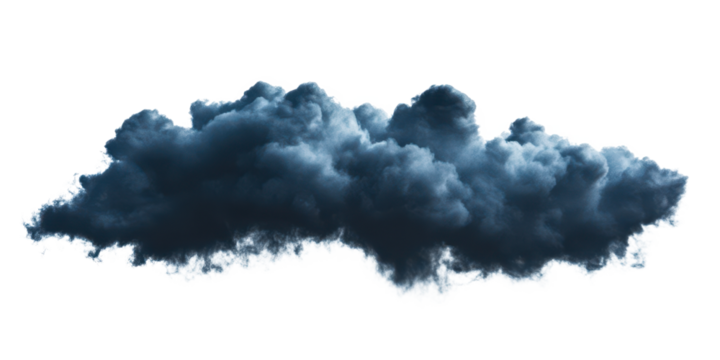 abstract dark blue smoky cloud showing thunderstorm weather phenomen isolated on white or transparent png