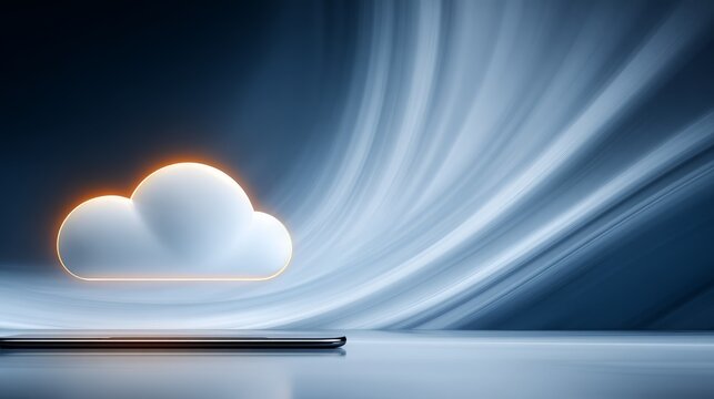 Digital cloud computing concept with laptop displaying virtual network and data storage technology.
