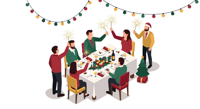 Festive celebration with friends at christmas, isometric holiday dinner party