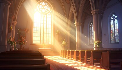 Interior view of a church with light streaming through stained glass windows, illuminating the pews and altar area