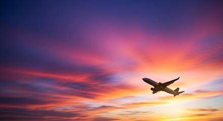 Obraz premium Airplane taking off into the dramatic sunset sky with orange and purple colors