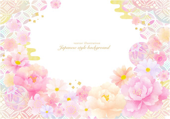 ふんわりやしい和柄と花の背景素材