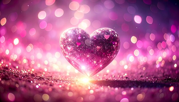 Sparkling, iridescent heart surrounded by glittering lights, set against a magenta and pink bokeh background