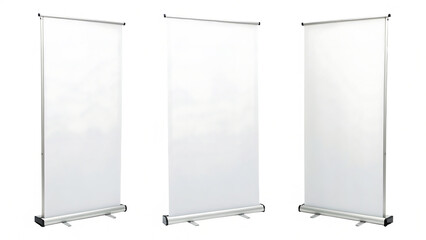 Set of three blank white roll-up banner stand mockups cut out on PNG. AI generated.
