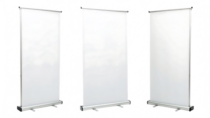 Set of three blank white roll-up banner stand mockups cut out on PNG. AI generated.
