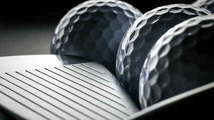 Closeup of golf balls and iron golf club face