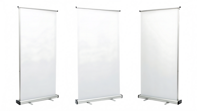 Set of three blank white roll-up banner stand mockups cut out on PNG. AI generated.
