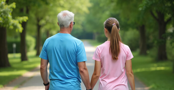 Senior man and young woman walk holding hands. They stroll together on a green park path among trees. Couple enjoys serene nature and quiet time outdoors on a bright day. Love connection.