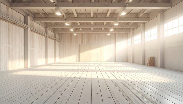 Sunlit empty wooden hall planks composing floor, ceiling, and walls, with windows letting in bright sunlight